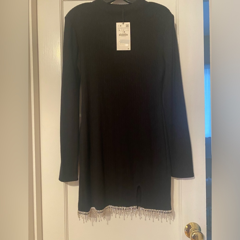 Zara Black Dress with Rhinestone Detail, NWT, Size Large